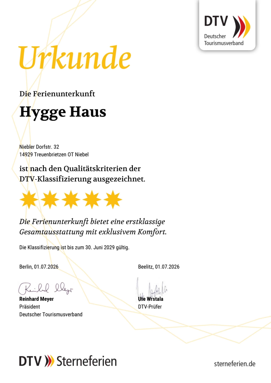 DTV-Klassifizierung für HYGGE HAUS: 5 Sterne